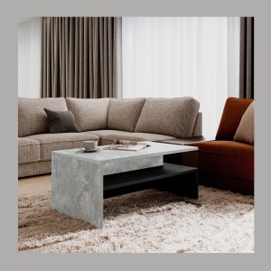 Mesa baja de diseño colección RAMOS en color gris efecto concreto y negro.