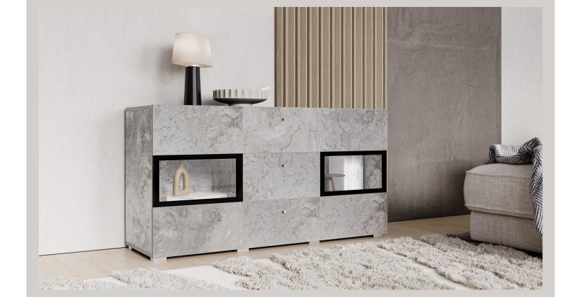 Buffet RAMOS – Gris effet béton et noir – LED multicolores incluses – 2 portes vitrées + 3 tiroirs