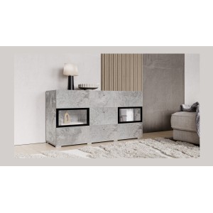 Buffet RAMOS – Gris effet béton et noir – LED multicolores incluses – 2 portes vitrées + 3 tiroirs