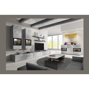 Buffet RAMOS – Gris effet béton et noir – LED multicolores incluses – 2 portes vitrées + 3 tiroirs