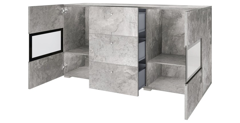 Buffet RAMOS – Gris effet béton et noir – LED multicolores incluses – 2 portes vitrées + 3 tiroirs