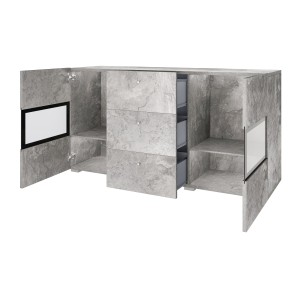 Buffet RAMOS – Gris effet béton et noir – LED multicolores incluses – 2 portes vitrées + 3 tiroirs