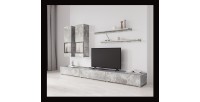Ensemble salon mural RAMOS – Gris effet béton – LED multicolores intégrées – Meuble TV + vitrines + étagères