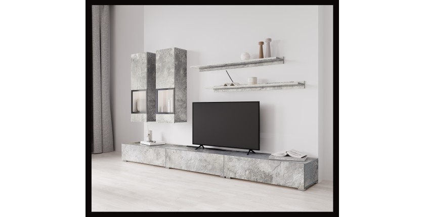 Ensemble salon mural RAMOS – Gris effet béton – LED multicolores intégrées – Meuble TV + vitrines + étagères