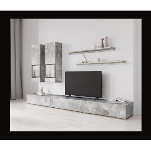 Ensemble salon mural RAMOS – Gris effet béton – LED multicolores intégrées – Meuble TV + vitrines + étagères