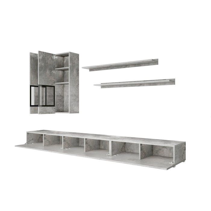 Woonkamer set RAMOS - Grijs betoneffect - Ingebouwde multicolor LED's - TV-meubel + vitrines + planken