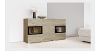 Buffet RAMOS – 2 portes vitrées + 3 tiroirs – Coloris chêne et noir – Design contemporain – LED non incluse