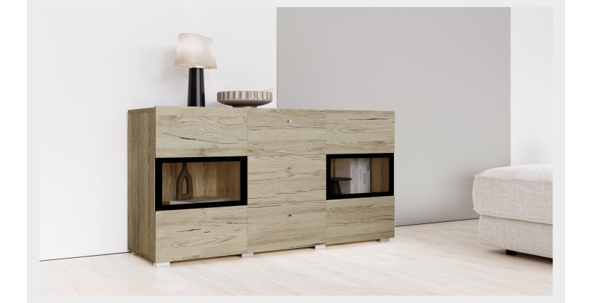 Buffet RAMOS – 2 portes vitrées + 3 tiroirs – Coloris chêne et noir – Design contemporain – LED non incluse