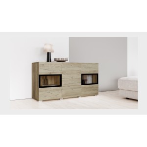 Buffet RAMOS – 2 portes vitrées + 3 tiroirs – Coloris chêne et noir – Design contemporain – LED non incluse