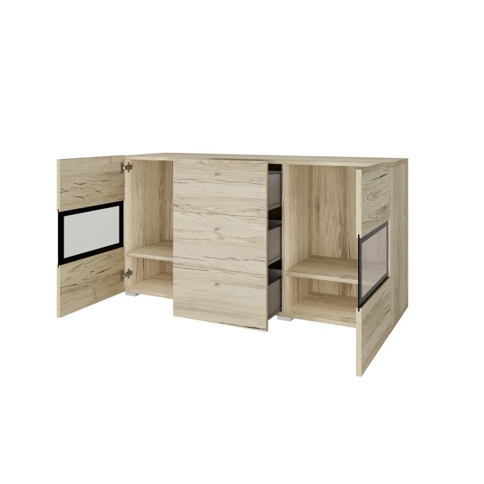 Buffet RAMOS – 2 puertas con vidrio + 3 cajones – Color roble y negro – Diseño contemporáneo – LED no incluido