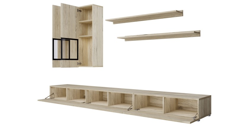 Ensemble meubles de salon RAMOS – Coloris chêne et noir – Meuble TV, vitrines, étagères – Sans LED
