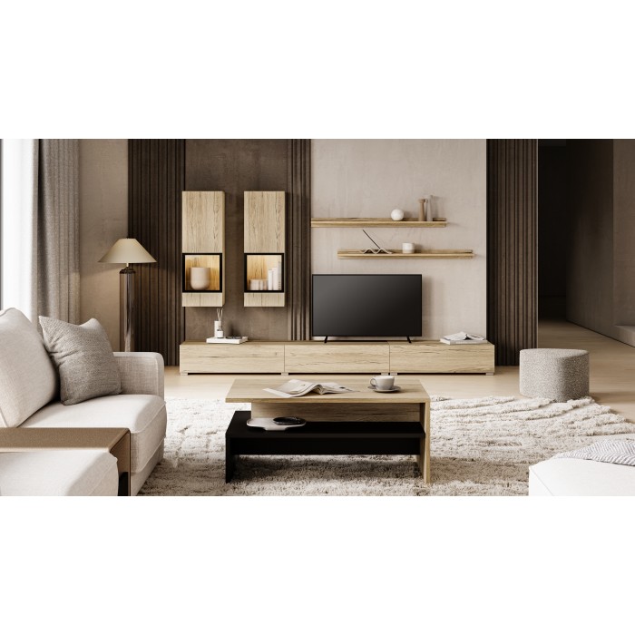 Set mobili da soggiorno RAMOS – Colori quercia e nero – Mobile TV, vetrine, scaffali – Senza LED