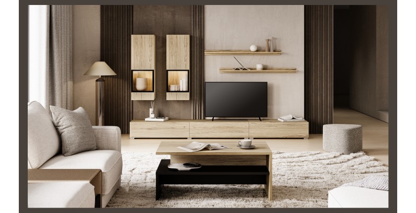 Ensemble meubles de salon RAMOS – Coloris chêne et noir – Meuble TV, vitrines, étagères – Sans LED