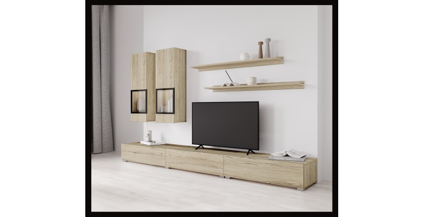 Ensemble meubles de salon RAMOS – Coloris chêne et noir – Meuble TV, vitrines, étagères – Sans LED