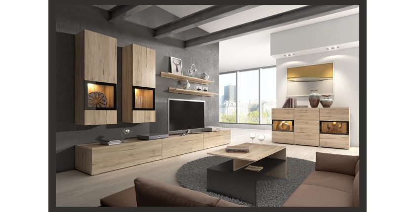 Ensemble meubles de salon RAMOS – Coloris chêne et noir – Meuble TV, vitrines, étagères – Sans LED