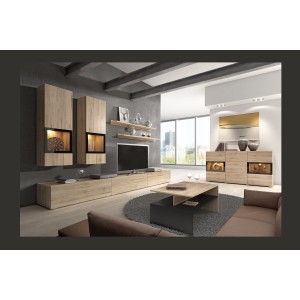Ensemble meubles de salon RAMOS – Coloris chêne et noir – Meuble TV, vitrines, étagères – Sans LED