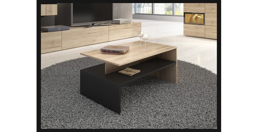 Table basse RAMOS – Chêne et noir – Design contemporain – Plateau de rangement pratique
