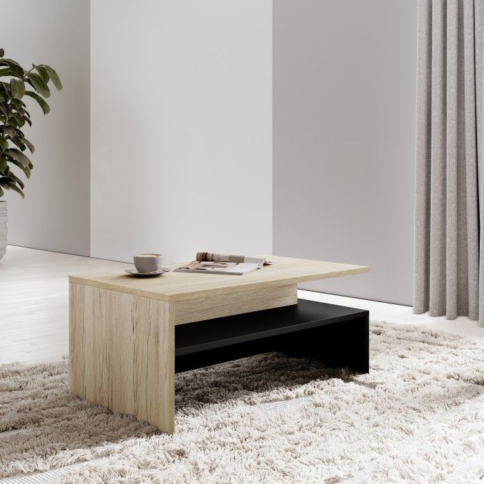 Mesa baja RAMOS - Roble y negro - Diseño contemporáneo - Bandeja de almacenamiento práctica
