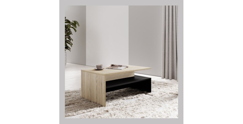 Table basse RAMOS – Chêne et noir – Design contemporain – Plateau de rangement pratique