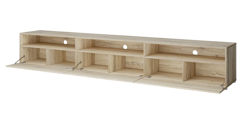 Meuble TV XL RAMOS – 270 cm – Chêne – 3 portes abattantes et 3 niches – À poser ou à suspendre