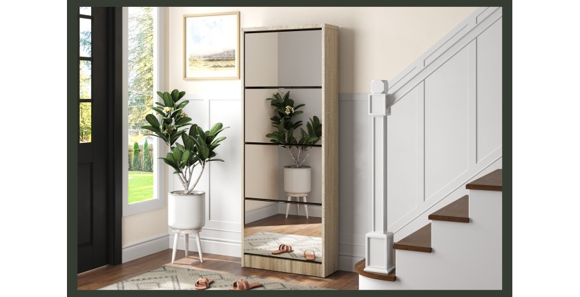 Meuble à chaussures MEXICO – 4 tiroirs avec miroirs – Coloris chêne sonoma – Rangement vertical contemporain