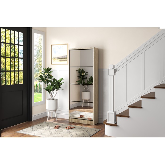 Mobile per scarpe MEXICO – 4 cassetti con specchi – Colore rovere sonoma – Organizzazione verticale contemporanea