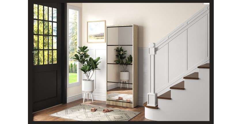 Meuble à chaussures MEXICO – 4 tiroirs avec miroirs – Coloris chêne sonoma – Rangement vertical contemporain