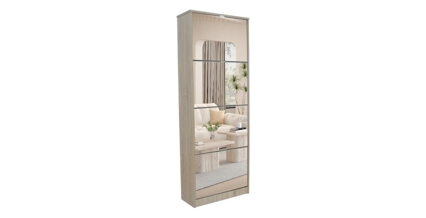 Meuble à chaussures MEXICO – 4 tiroirs avec miroirs – Coloris chêne sonoma – Rangement vertical contemporain