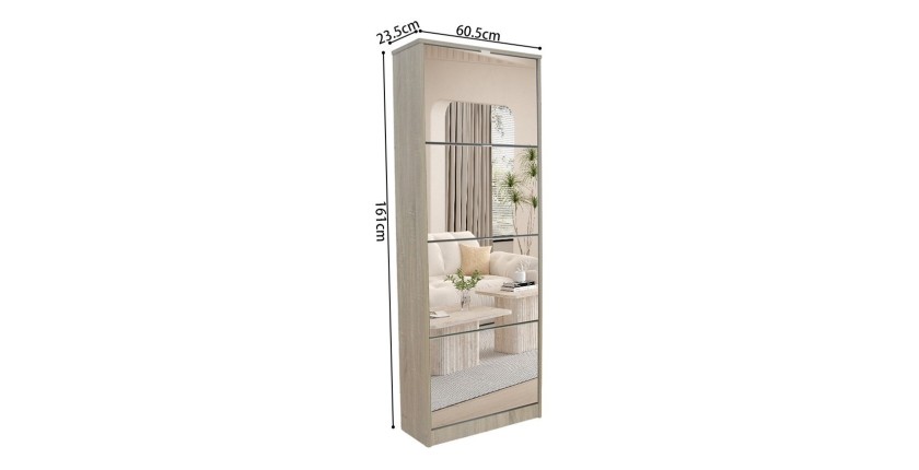 Meuble à chaussures MEXICO – 4 tiroirs avec miroirs – Coloris chêne sonoma – Rangement vertical contemporain