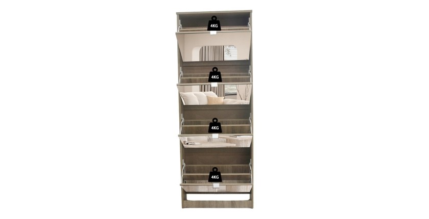 Meuble à chaussures MEXICO – 4 tiroirs avec miroirs – Coloris chêne sonoma – Rangement vertical contemporain