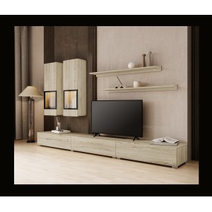Ensemble salon RAMOS – LED multicolores intégrées – Chêne et noir - Meuble TV, vitrines, étagères