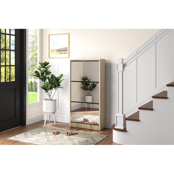Mobile porta scarpe MEXICO – 3 cassetti con specchi – Colore rovere sonoma – Design contemporaneo e funzionale