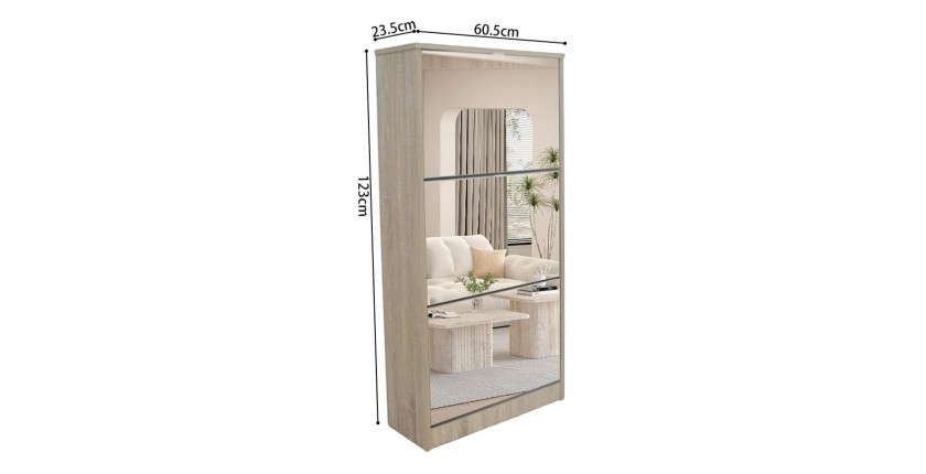 Meuble à chaussures MEXICO – 3 tiroirs avec miroirs – Coloris chêne sonoma – Design contemporain et fonctionnel