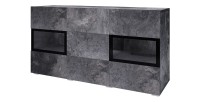 Buffet 130 cm RAMOS – Gris effet ardoise et noir – 2 portes vitrées + 3 tiroirs – Sans LED