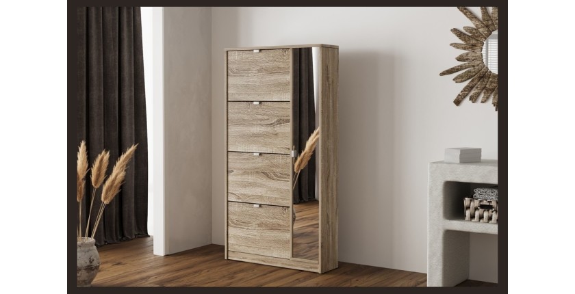 Meuble à chaussures MEXICO – 4 tiroirs et 1 porte avec miroir – Coloris chêne sonoma – Design pratique et contemporain