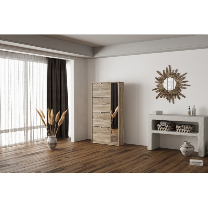 Mobile per scarpe MEXICO – 4 cassetti e 1 porta con specchio – Colore rovere sonoma – Design pratico e contemporaneo