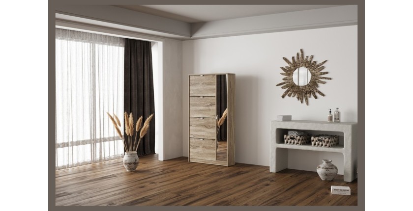 Meuble à chaussures MEXICO – 4 tiroirs et 1 porte avec miroir – Coloris chêne sonoma – Design pratique et contemporain