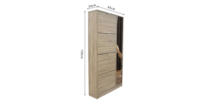 Meuble à chaussures MEXICO – 4 tiroirs et 1 porte avec miroir – Coloris chêne sonoma – Design pratique et contemporain