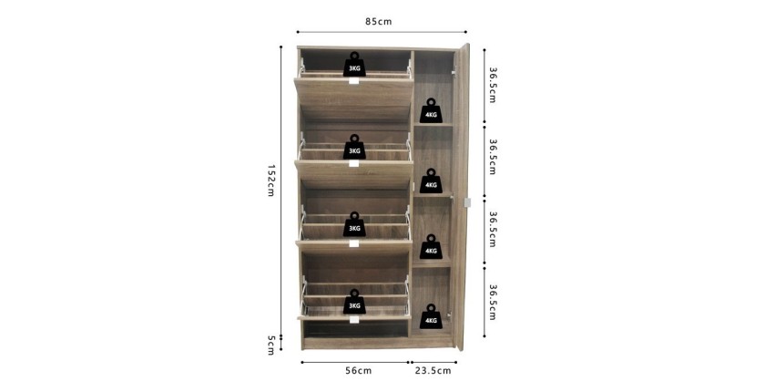 Meuble à chaussures MEXICO – 4 tiroirs et 1 porte avec miroir – Coloris chêne sonoma – Design pratique et contemporain