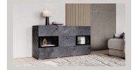 Buffet 130 cm RAMOS – Gris effet ardoise et noir – 2 portes vitrées + 3 tiroirs – Sans LED