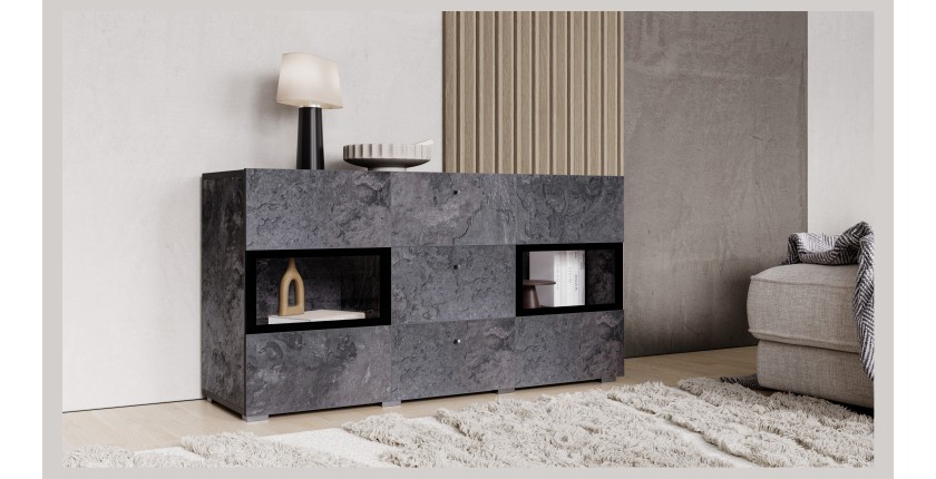 Buffet 130 cm RAMOS – Gris effet ardoise et noir – 2 portes vitrées + 3 tiroirs – Sans LED