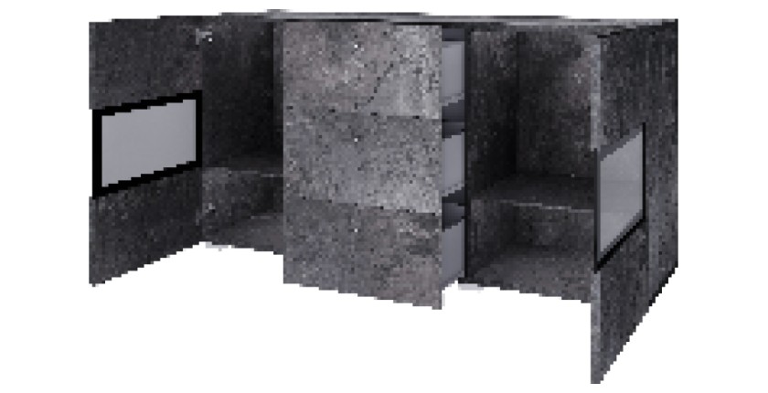 Buffet 130 cm RAMOS – Gris effet ardoise et noir – 2 portes vitrées + 3 tiroirs – Sans LED