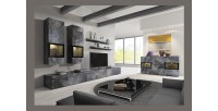 Buffet 130 cm RAMOS – Gris effet ardoise et noir – 2 portes vitrées + 3 tiroirs – Sans LED