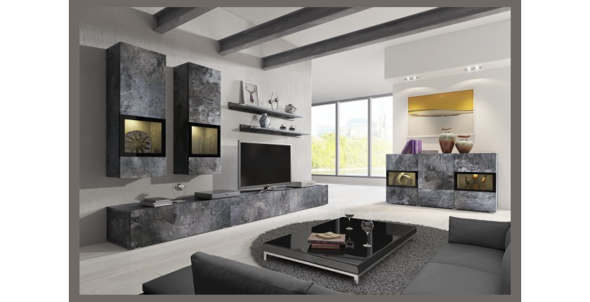 Buffet 130 cm RAMOS – Gris effet ardoise et noir – 2 portes vitrées + 3 tiroirs – Sans LED
