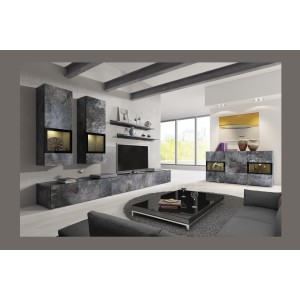Buffet 130 cm RAMOS – Gris effet ardoise et noir – 2 portes vitrées + 3 tiroirs – Sans LED