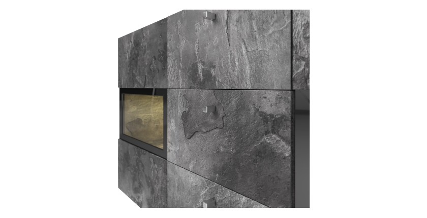 Buffet 130 cm RAMOS – Gris effet ardoise et noir – LED multicolores intégrées – 2 portes vitrées + 3 tiroirs
