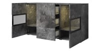 Buffet 130 cm RAMOS – Gris effet ardoise et noir – LED multicolores intégrées – 2 portes vitrées + 3 tiroirs