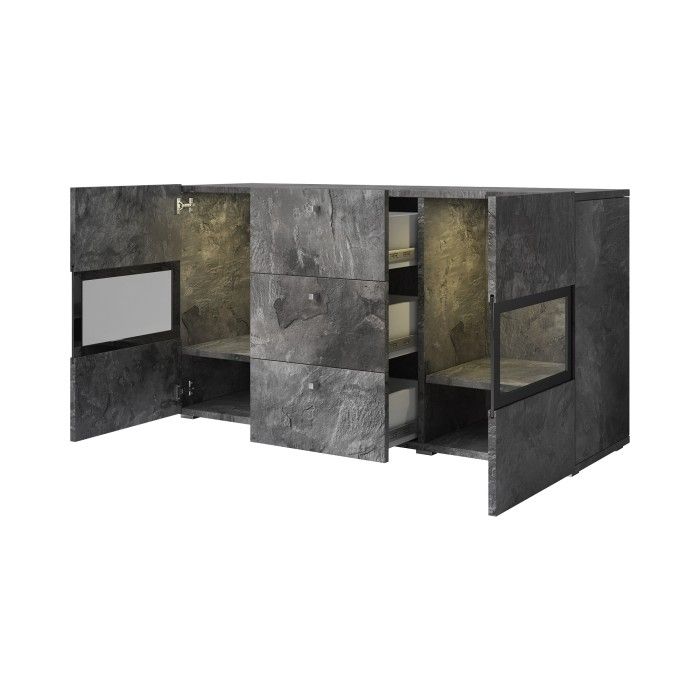 Buffet 130 cm RAMOS – Schiefergrau und Schwarz – Integrierte mehrfarbige LEDs – 2 Glastüren + 3 Schubladen