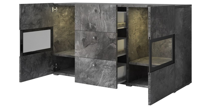 Buffet 130 cm RAMOS – Gris effet ardoise et noir – LED multicolores intégrées – 2 portes vitrées + 3 tiroirs