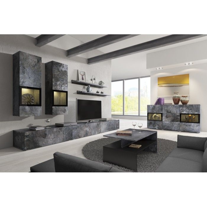Buffet 130 cm RAMOS – Gris effet ardoise et noir – LED multicolores intégrées – 2 portes vitrées + 3 tiroirs
